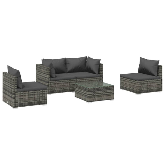 5 Piece Garden Lounge Set with Cushions Poly Rattan in gray with modular seating and a coffee table, ideal for outdoor use.