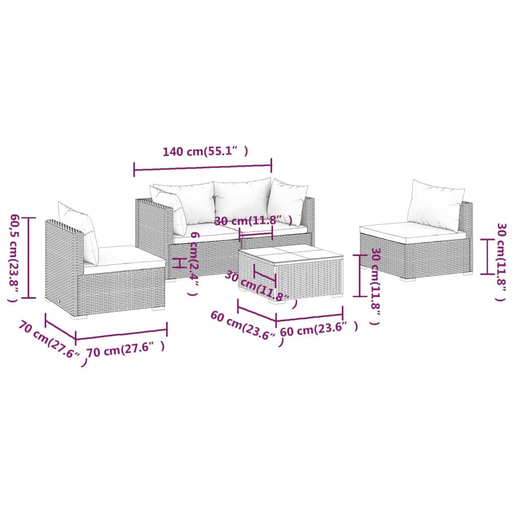 Dimensions of the 5 Piece Garden Lounge Set with Cushions Poly Rattan, showing size details of each component.