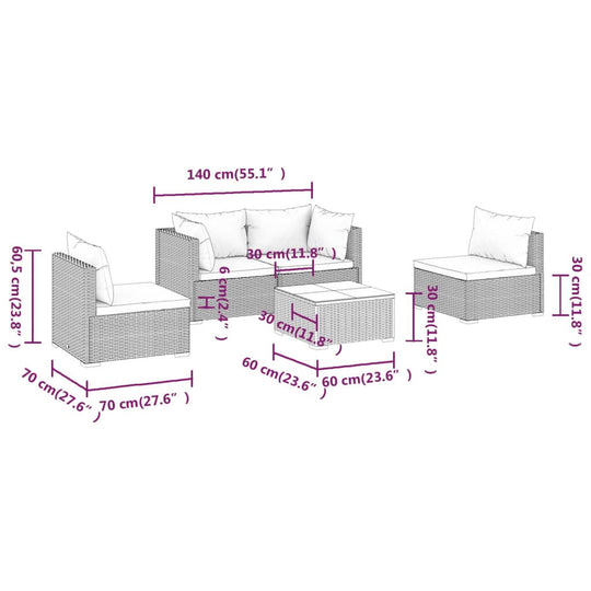 Dimensions of the 5 Piece Garden Lounge Set with Cushions Poly Rattan, showing size details of each component.