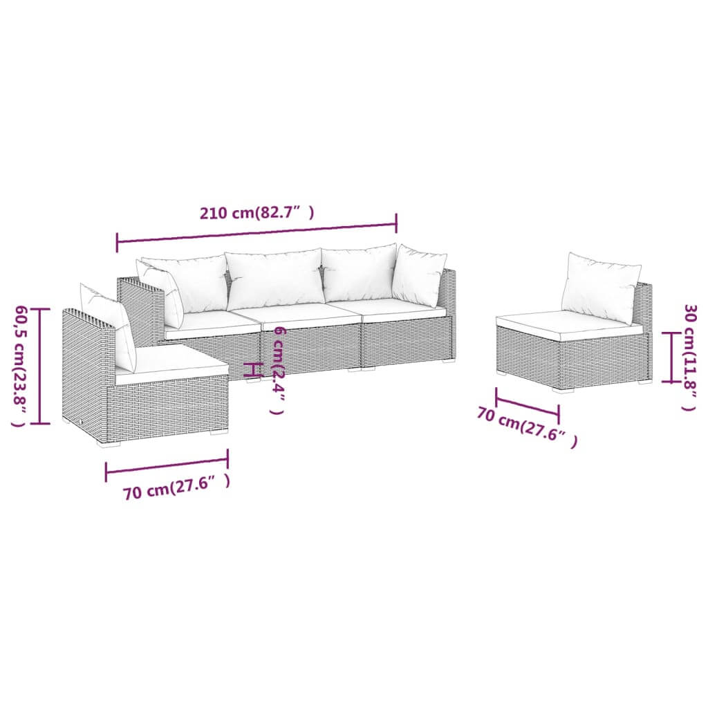 5 Piece Garden Lounge Set with Cushions Poly Rattan Grey