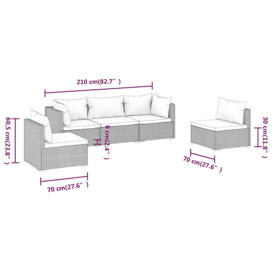 5 Piece Garden Lounge Set with Cushions Poly Rattan Grey