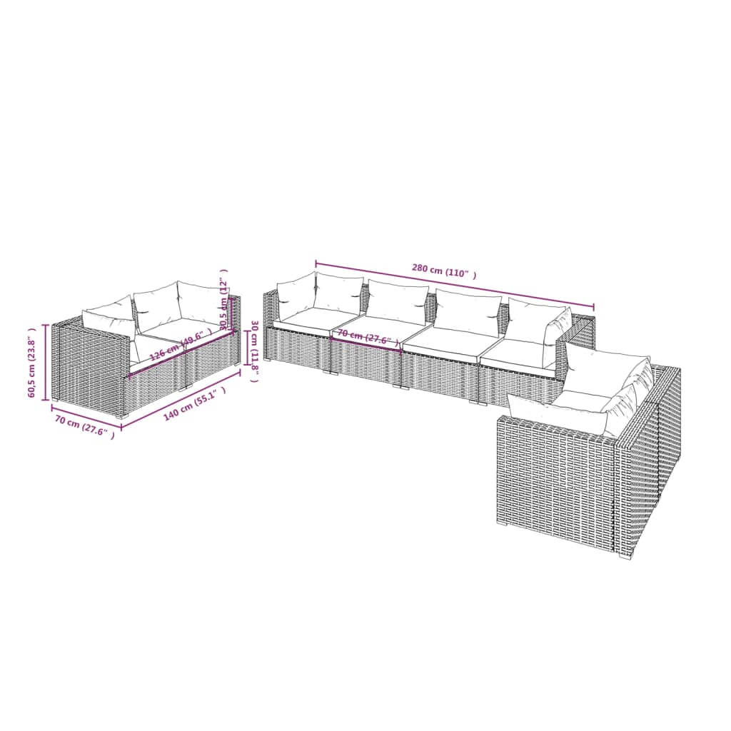 Detailed dimensions of 8 Piece Garden Lounge Set with Cushions Poly Rattan, showcasing water-resistant PE rattan and modular design.