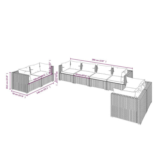 Detailed dimensions of 8 Piece Garden Lounge Set with Cushions Poly Rattan, showcasing water-resistant PE rattan and modular design.