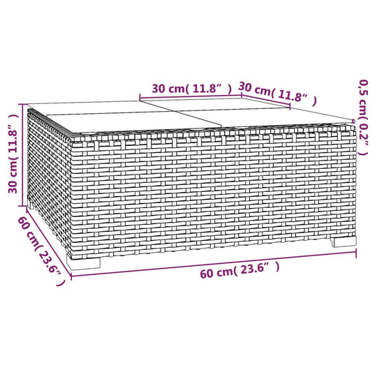 Dimensions of 9 Piece Garden Lounge Set with Cushions Poly Rattan, showing length and height in centimeters and inches.