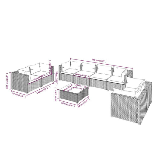 Dimensions of 9 Piece Garden Lounge Set with Cushions Poly Rattan
