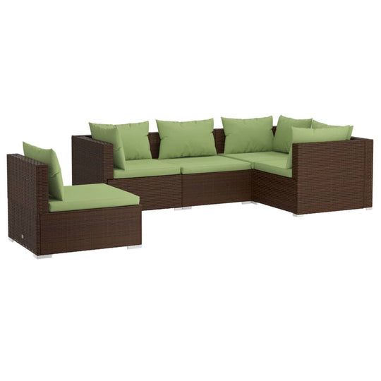 5 Piece Garden Lounge Set with Cushions Poly Rattan featuring green cushions on a sturdy rattan and steel frame, ideal for outdoor seating
