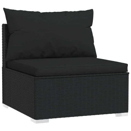 Black cushioned corner chair from 10 piece poly rattan garden lounge set, perfect for outdoor relaxation.
