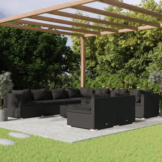 Stylish 10 piece garden lounge set with cushions in black poly rattan, perfect for outdoor relaxation.