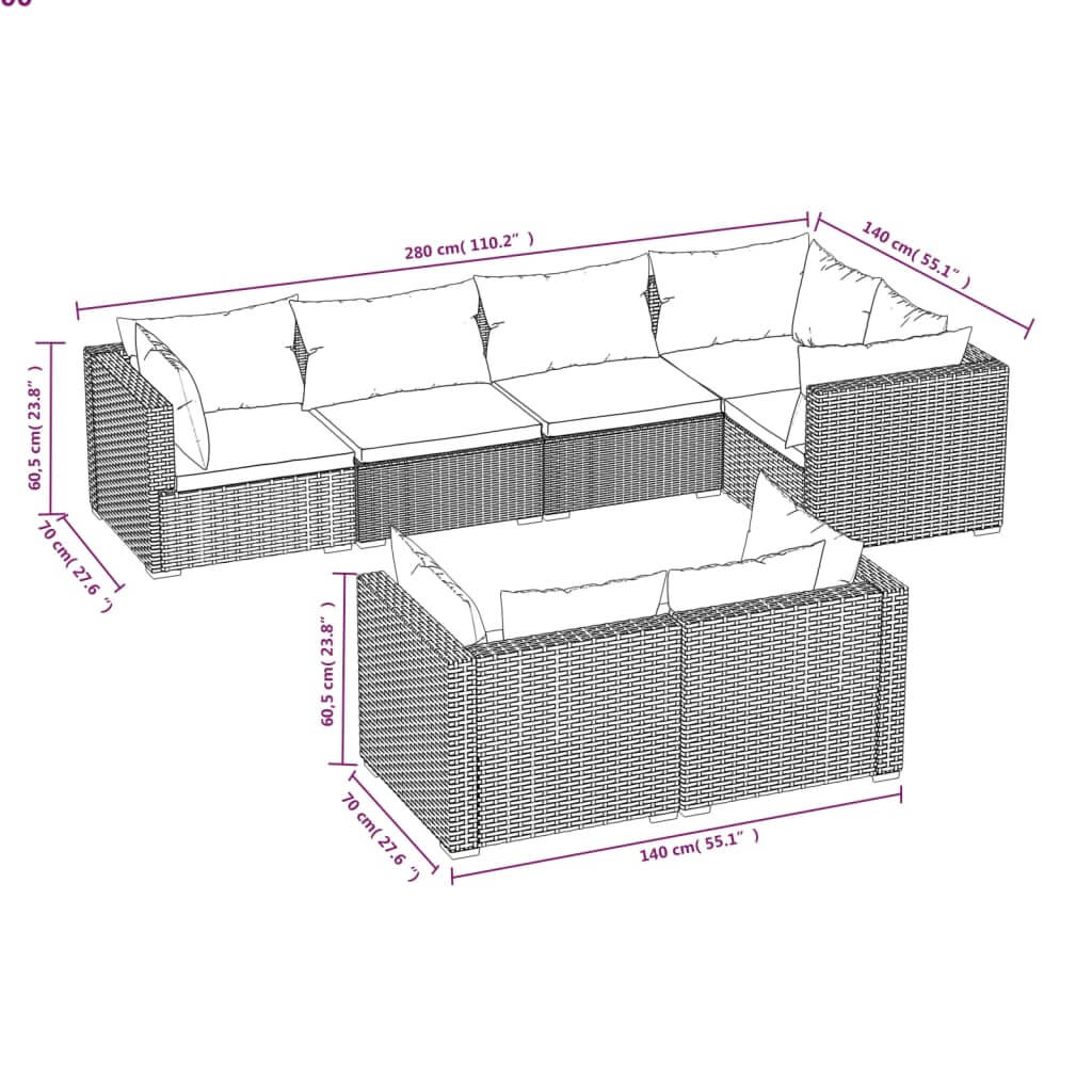 Dimensions of 7 Piece Garden Lounge Set with Cushions Poly Rattan, featuring sectional sofas with cushions and detailed measurements.