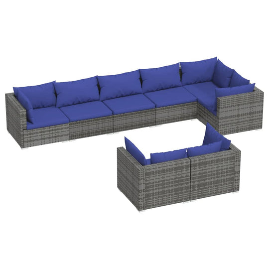 8 Piece Garden Lounge Set with Cushions Poly Rattan in L-shape with blue cushions on gray rattan frame.