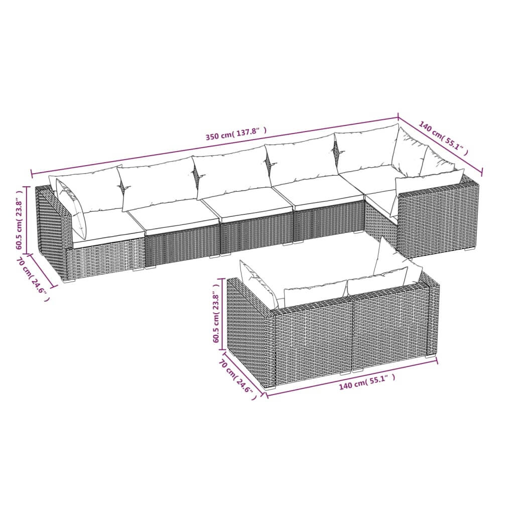Diagram of 8 Piece Garden Lounge Set with Cushions Poly Rattan showing dimensions in centimeters and inches.