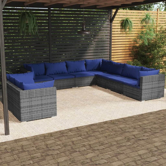 9 Piece Garden Lounge Set with Cushions Grey Poly Rattan