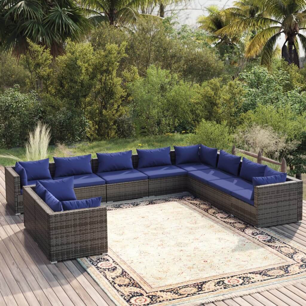 10 Piece Poly Rattan Garden Lounge Set in Grey with dark blue cushions