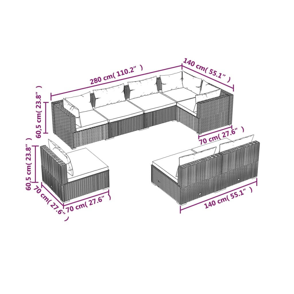 8 Piece Garden Lounge Set with Cushions Poly Rattan Grey