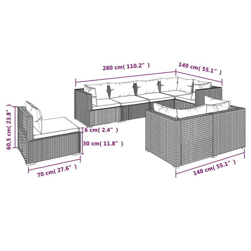 Dimensions and layout of 8 Piece Garden Lounge Set with Cushions Poly Rattan