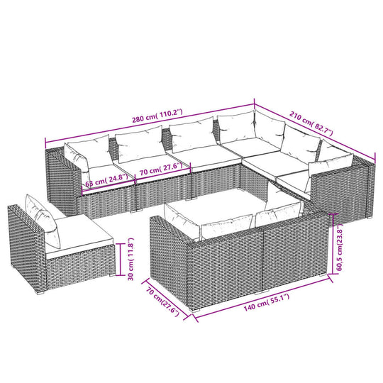 9 Piece Garden Lounge Set with Cushions Poly Rattan Grey