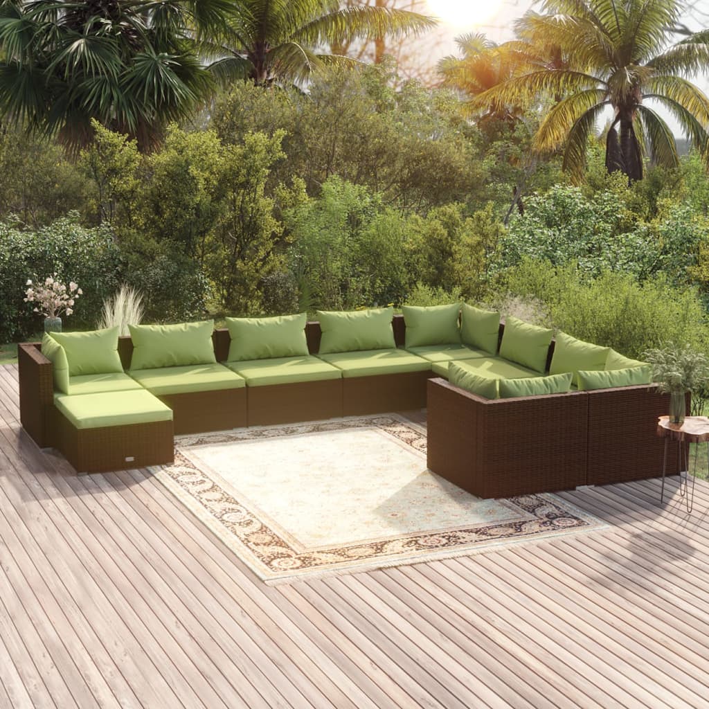 Poly rattan garden lounge set with green cushions on patio, perfect for outdoor living spaces, patio or garden furniture.