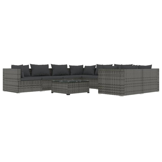9 Piece Garden Lounge Set with Cushions Poly Rattan featuring a classic design with durable, weather-resistant PE rattan and steel frame.