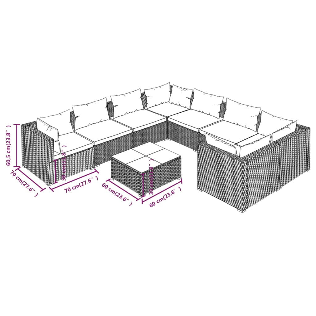 Diagram of a 9 Piece Garden Lounge Set with Cushions Poly Rattan, highlighting measurements for outdoor seating arrangement.