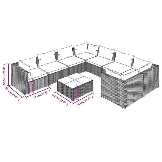 Diagram of a 9 Piece Garden Lounge Set with Cushions Poly Rattan, highlighting measurements for outdoor seating arrangement.