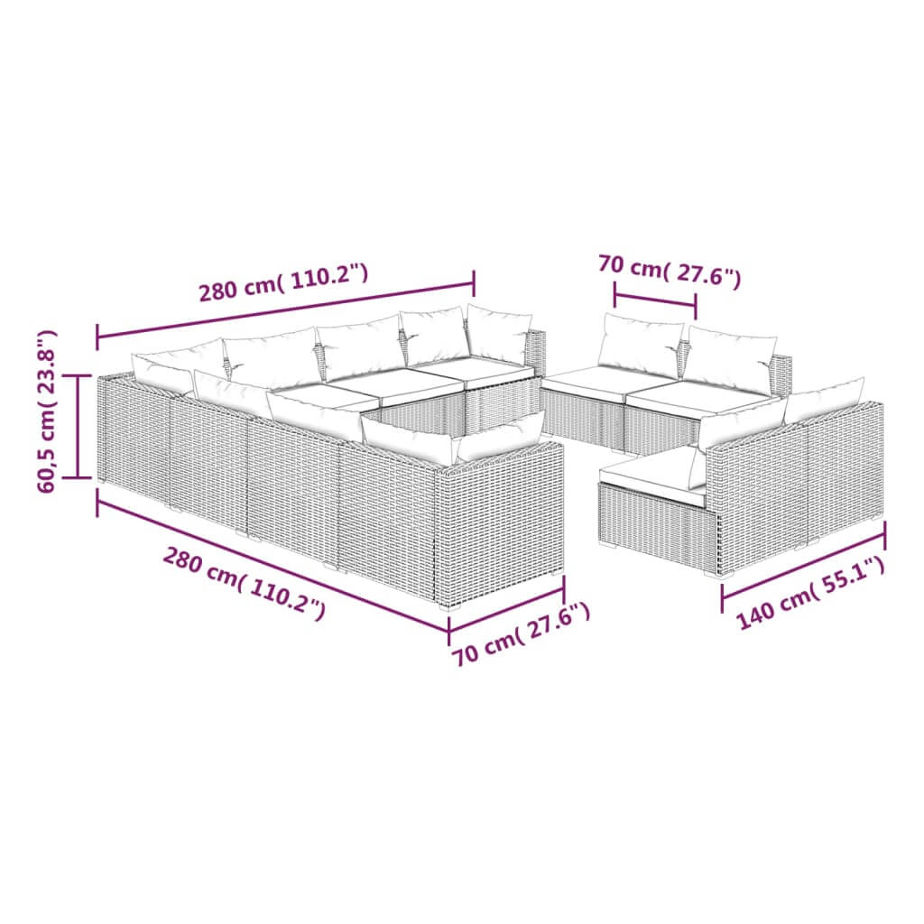 Dimensions of 11-piece garden lounge set with cushions, showing modular poly rattan design, ideal for outdoor patio furniture layouts.