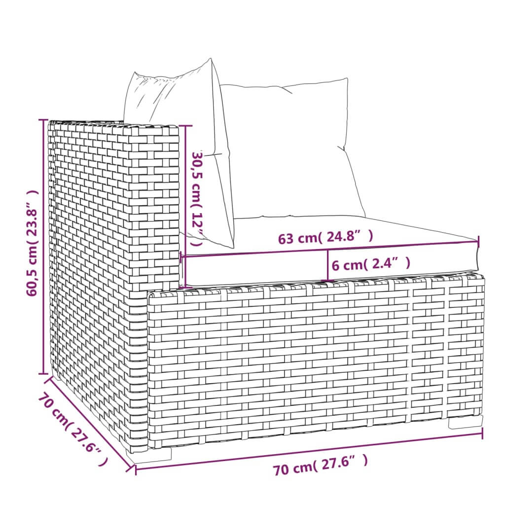 Dimensions of garden lounge set armchair with cushions, made of PE rattan, ideal for outdoor patio furniture arrangements.