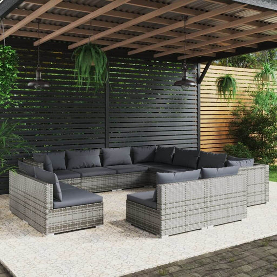 11-piece poly rattan garden lounge set with cushions under a pergola in an outdoor living space