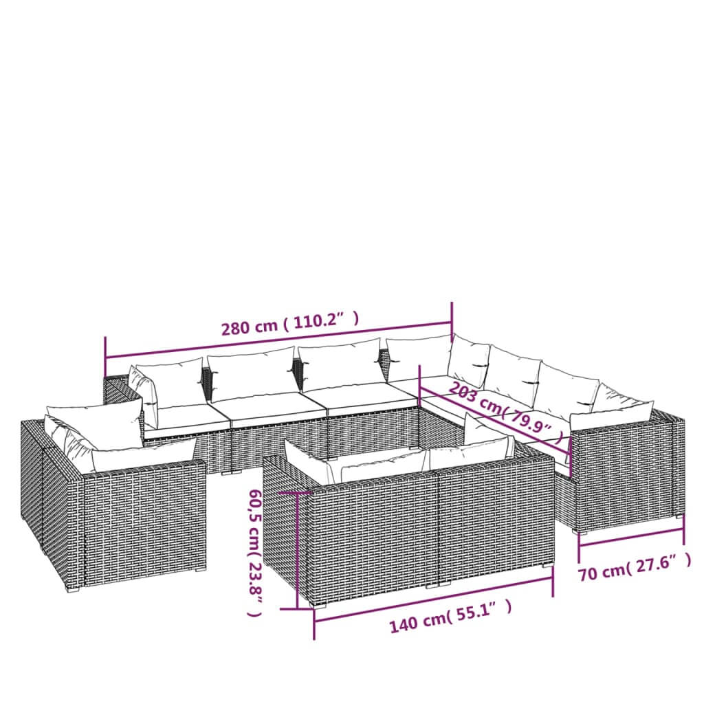 Dimensions of an 11 piece poly rattan garden lounge set with cushions, suitable for outdoor seating.