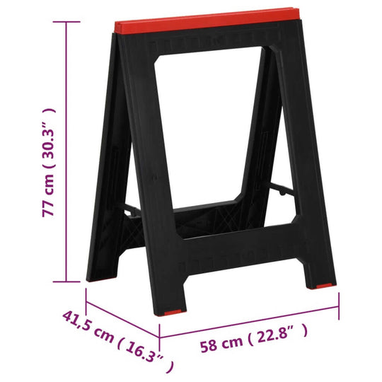 Foldable Work Trestles 2 pcs and Red Polypropylene 350 kg dimensions including height, width, and depth.