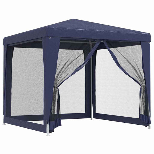 Navy blue outdoor canopy tent with mesh sides on a white background