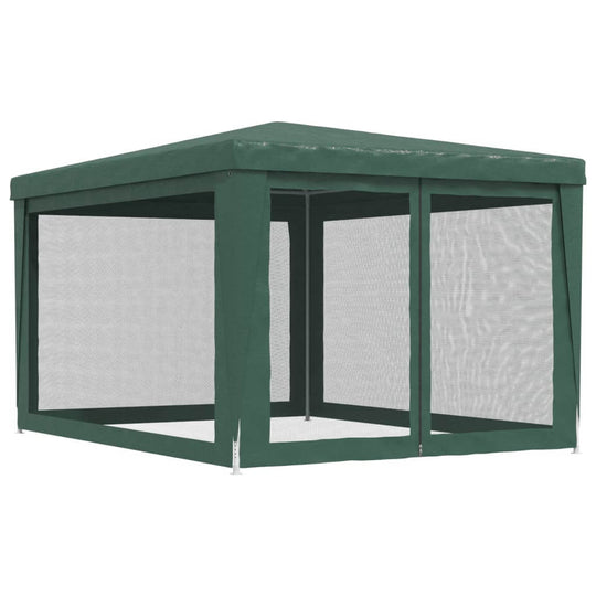 Green party tent with 4 mesh sidewalls, water-resistant HDPE, perfect for outdoor events and gatherings.