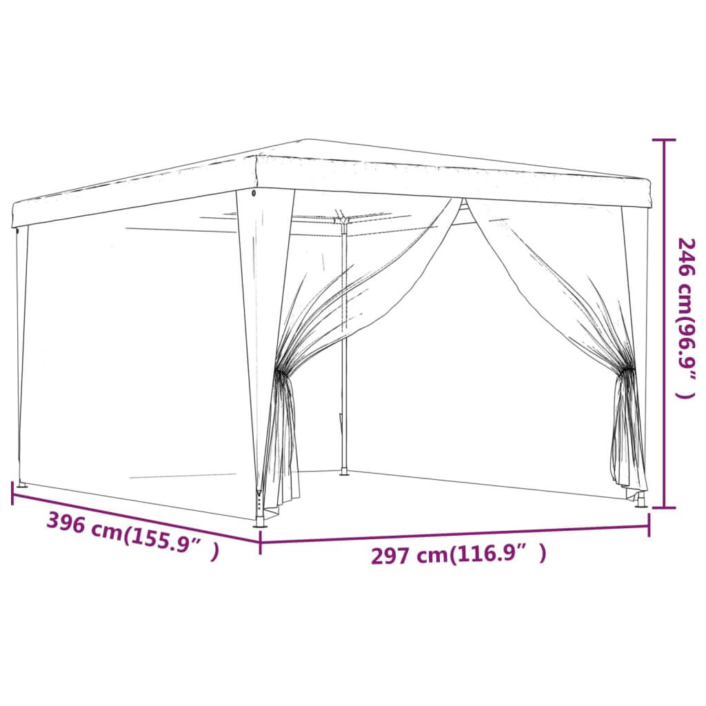 Diagram of a 3x4 m party tent with dimensions and mesh sidewalls, ideal for outdoor events and sun protection.