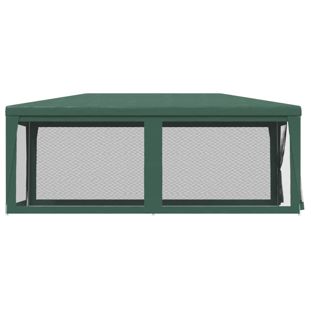 Green party tent with six mesh sidewalls, showcasing sturdy design for outdoor events and gatherings.