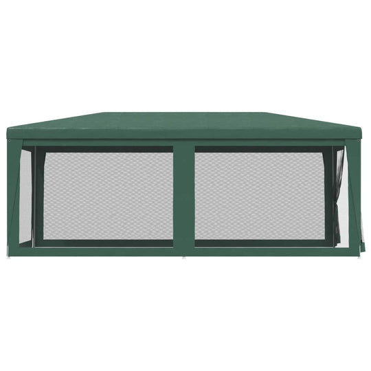 Green party tent with six mesh sidewalls, showcasing sturdy design for outdoor events and gatherings.