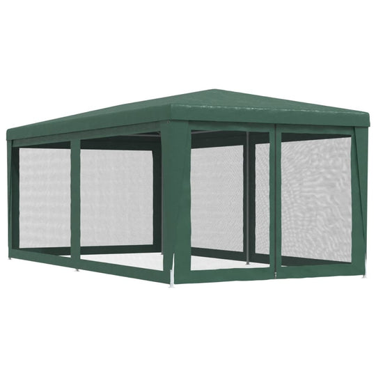 Green party tent with six mesh sidewalls and a sturdy iron frame for outdoor events and gatherings.