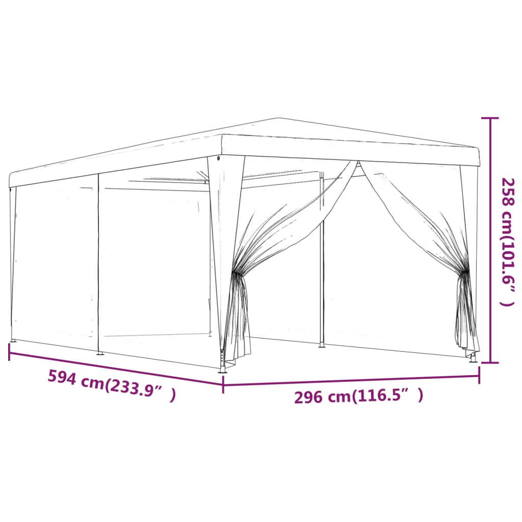 Sketch of a green party tent with measurements, featuring six mesh sidewalls and a water-resistant roof. Size: 3x6 m.