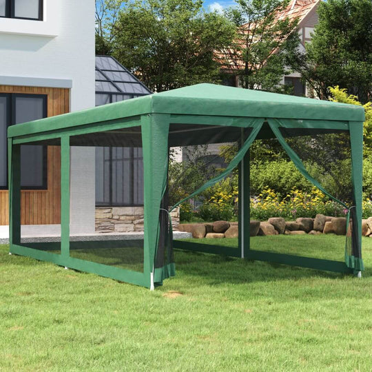 Green 3x6 m party tent with mesh sidewalls, perfect for outdoor events and sun protection.