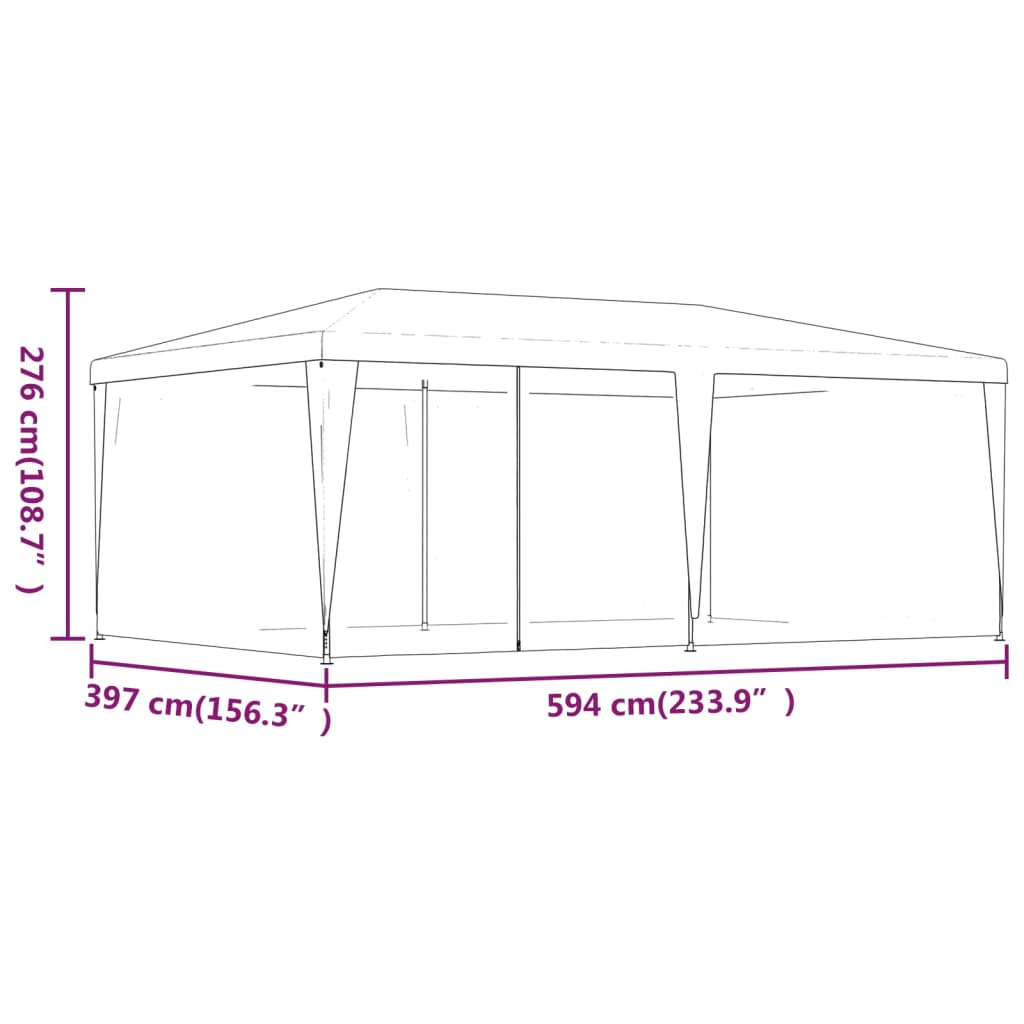 Party Tent with 6 Mesh Sidewalls  6x4 m HDPE dimensions diagram, showcases measurements of 397 cm x 594 cm x 276 cm.