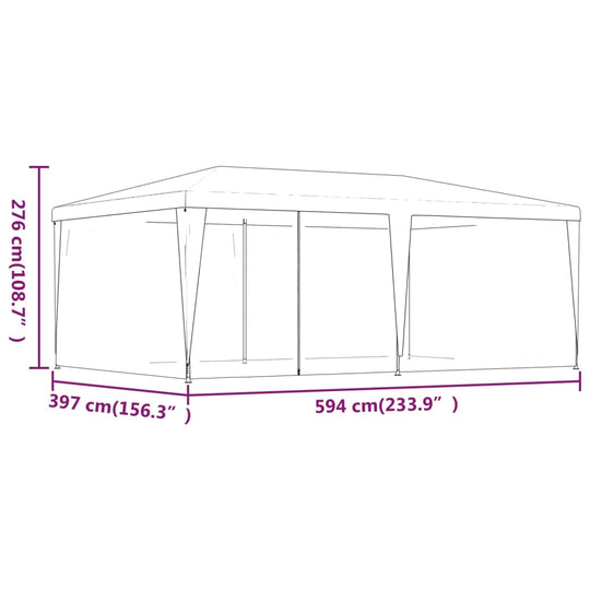 Party Tent with 6 Mesh Sidewalls  6x4 m HDPE dimensions diagram, showcases measurements of 397 cm x 594 cm x 276 cm.