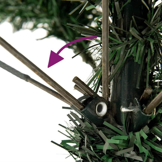 Close-up of hinged construction on 180 cm artificial Christmas tree, showcasing branches and metal connections for easy setup.