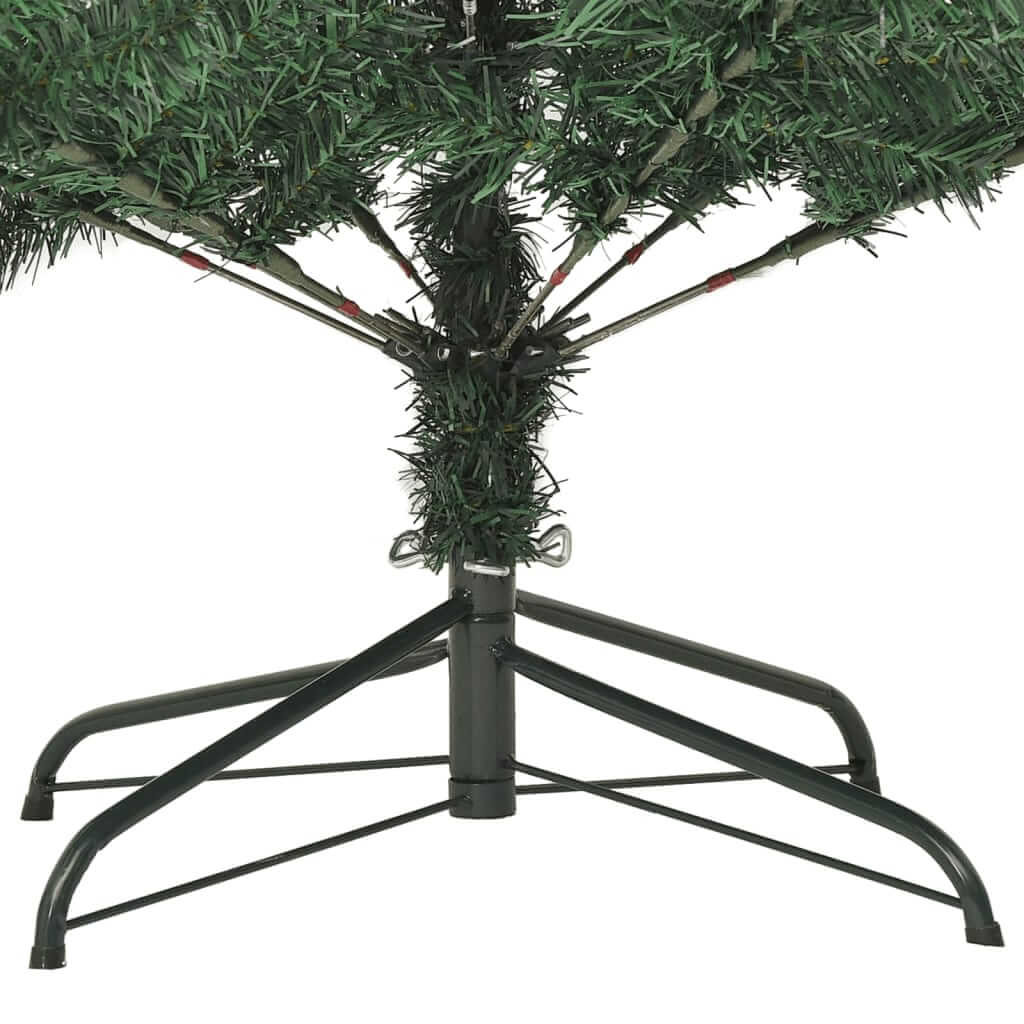 Sturdy steel stand of a 180 cm artificial Christmas tree with hinged branches for easy assembly and stability.