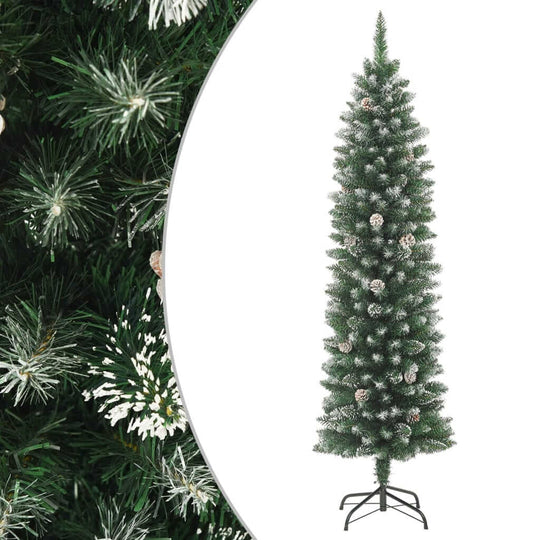 Artificial Slim Christmas Tree with Stand  PVC showcasing a slim design and sturdy stand, pre-decorated with snow and pinecones.