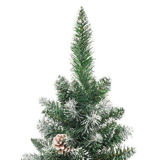 Artificial Slim Christmas Tree with Stand PVC showing frosted tips and decorative cone at the top.