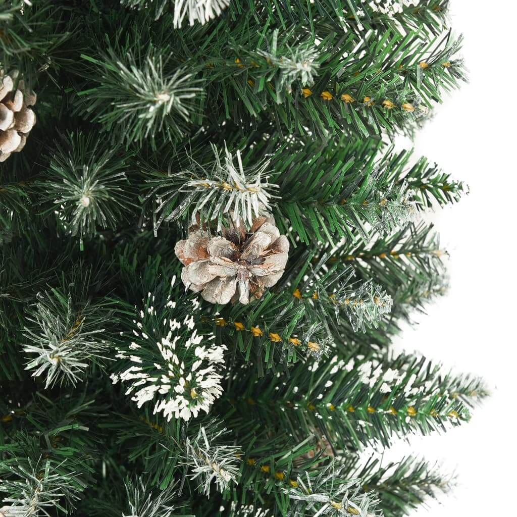 Artificial Slim Christmas Tree with Stand PVC detailed view showing green branches and decorative pine cones.