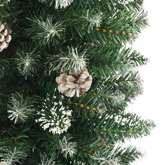 Artificial Slim Christmas Tree with Stand PVC detailed view showing green branches and decorative pine cones.