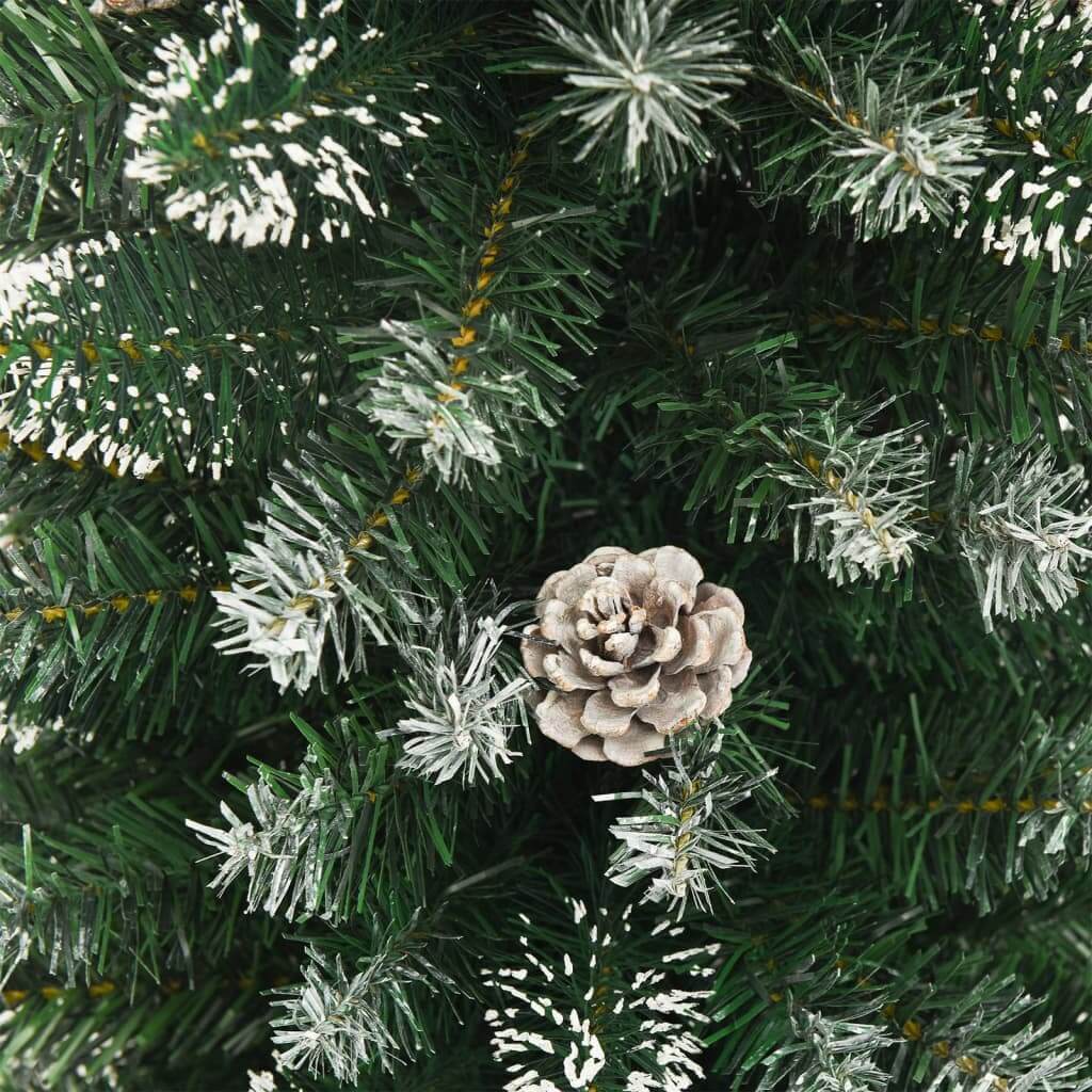 Artificial Slim Christmas Tree with Stand PVC close-up featuring pine cone and frosted branches.