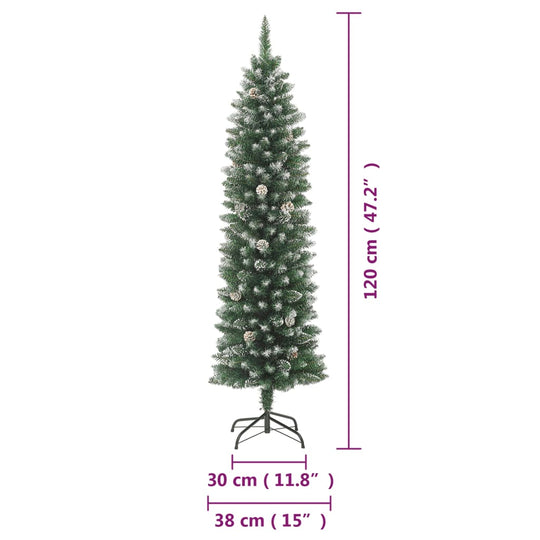 Artificial Slim Christmas Tree with Stand PVC featuring a tall, narrow design with snow-dusted tips and stable stand.