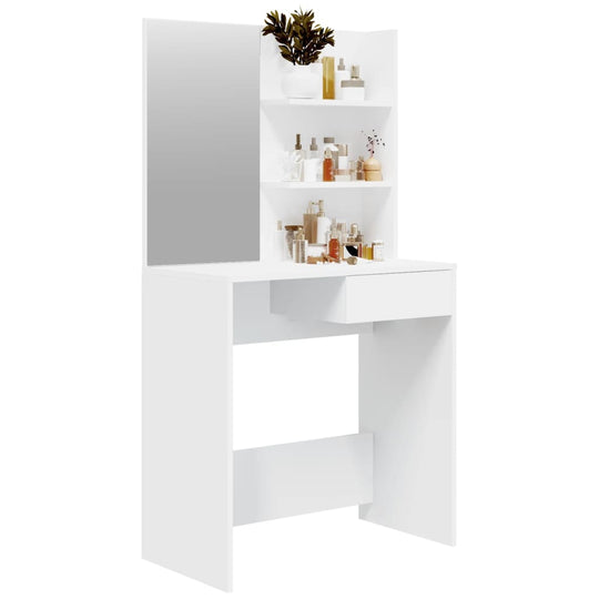 Dressing table with mirror and shelves, modern white design, perfect for beauty routines and storage, ideal for مفروشات and أثاث.