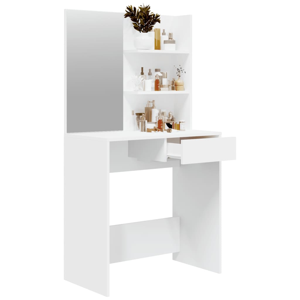 Dressing table with mirror and shelves, white engineered wood, ideal for makeup and beauty routines, modern design.