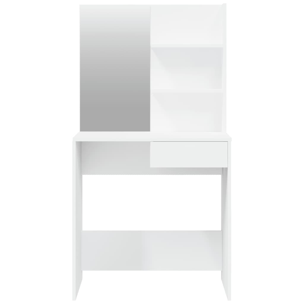 Dressing table with mirror in white, featuring asymmetrical design and shelves, perfect for beauty routines.